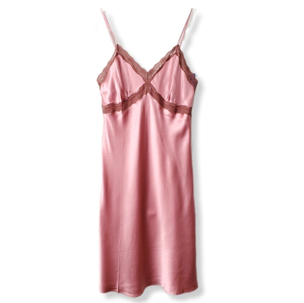 Pink Brown Silk Satin Lace Slip Dress M Retro Lingerie Coquette Romance Y2K 2016